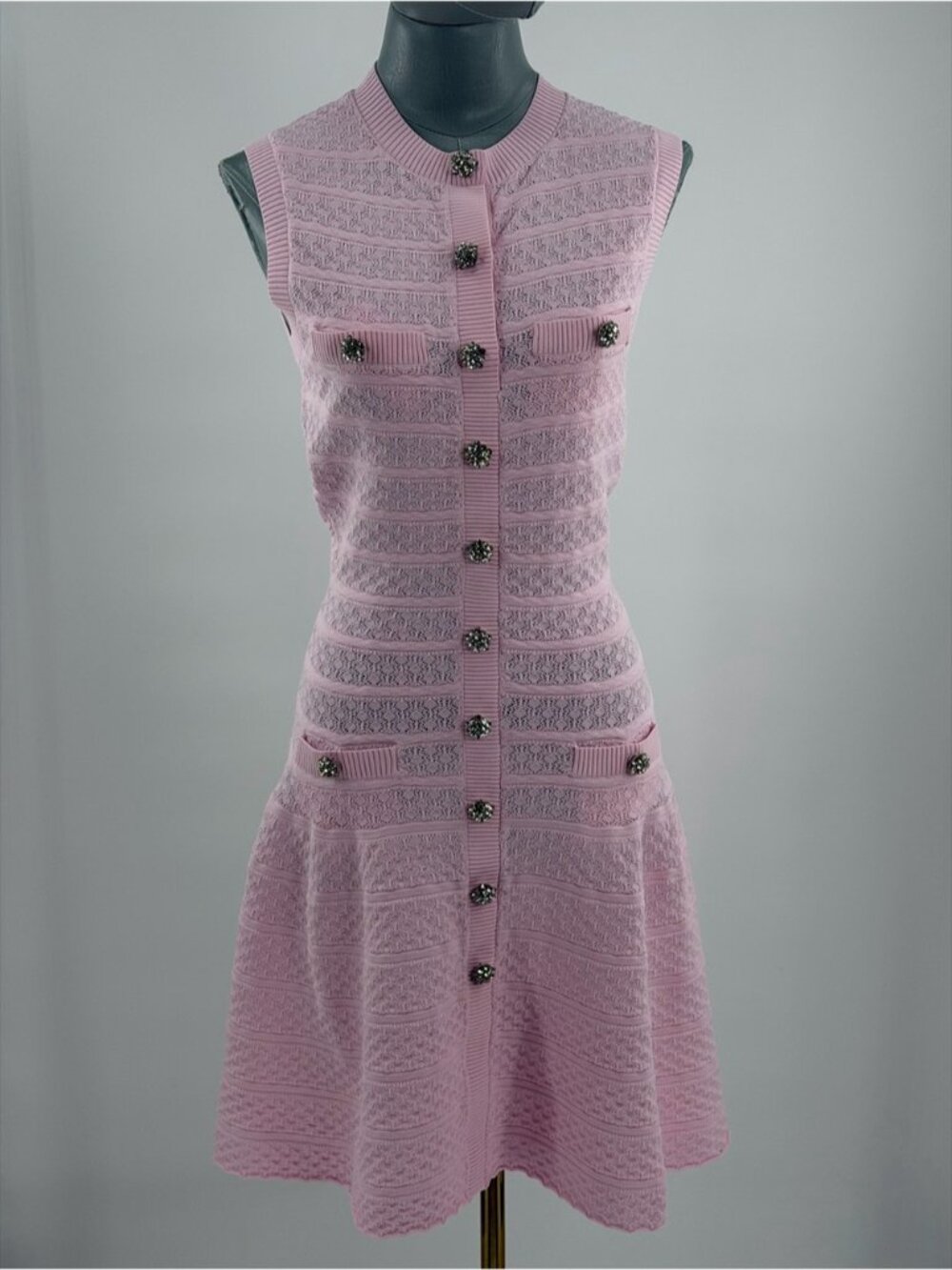 🆕 SELF-PORTRAIT 🧿 NWOT Pink Pointelle Diamante Button Knit Mini Dress, Sz M - Picture 3 of 16